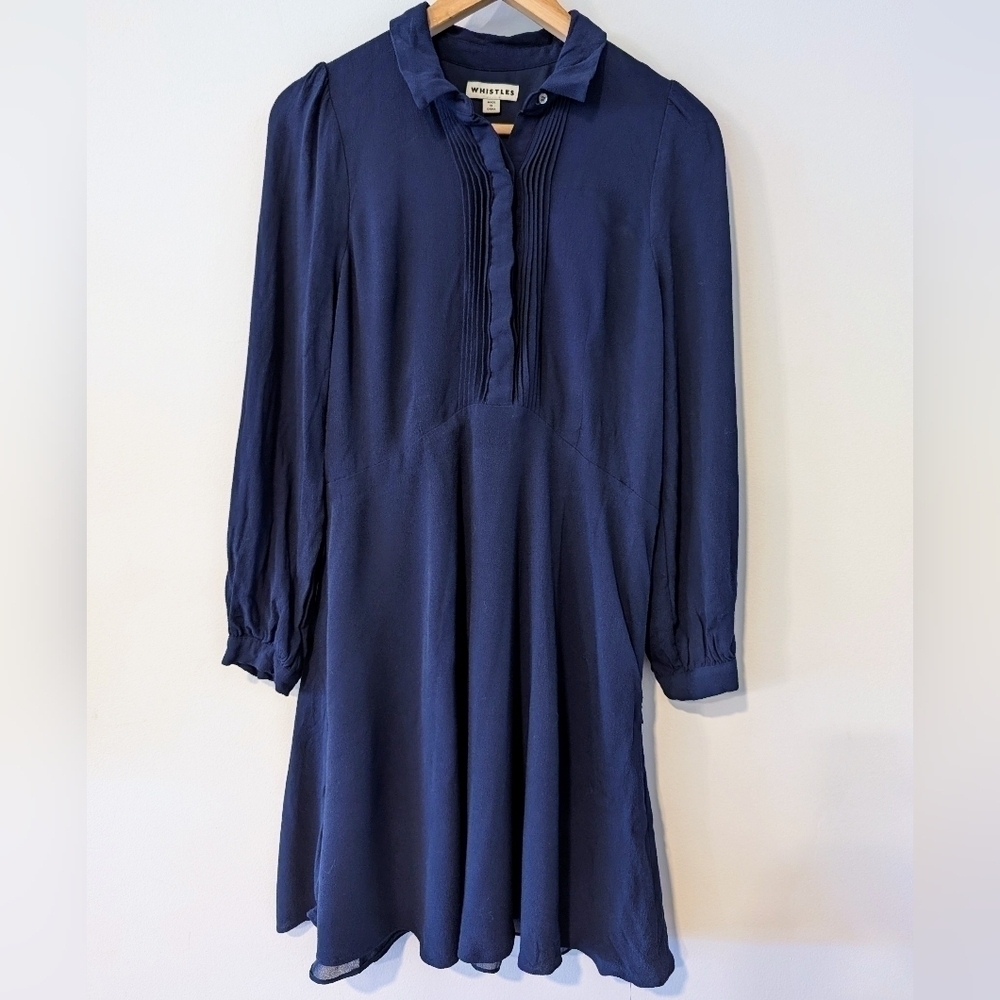 Whistles Pintuck Shirt Dress Navy US 8 Midi Cotton Workwear Quiet Luxury - Picture 2 of 9